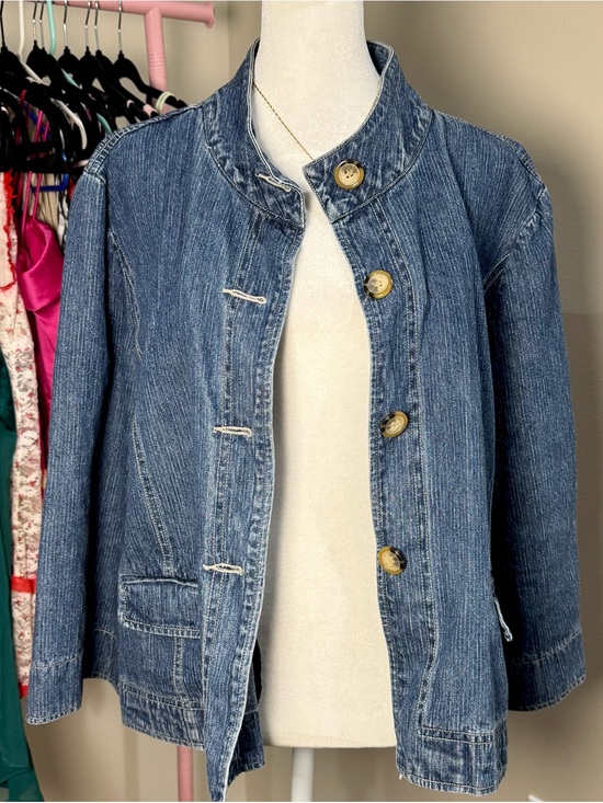 DFA New York Jackets & Blazers - Women's Blue Denim Button-Front Minimalist Mandarin Chic XL Barrel Jacket